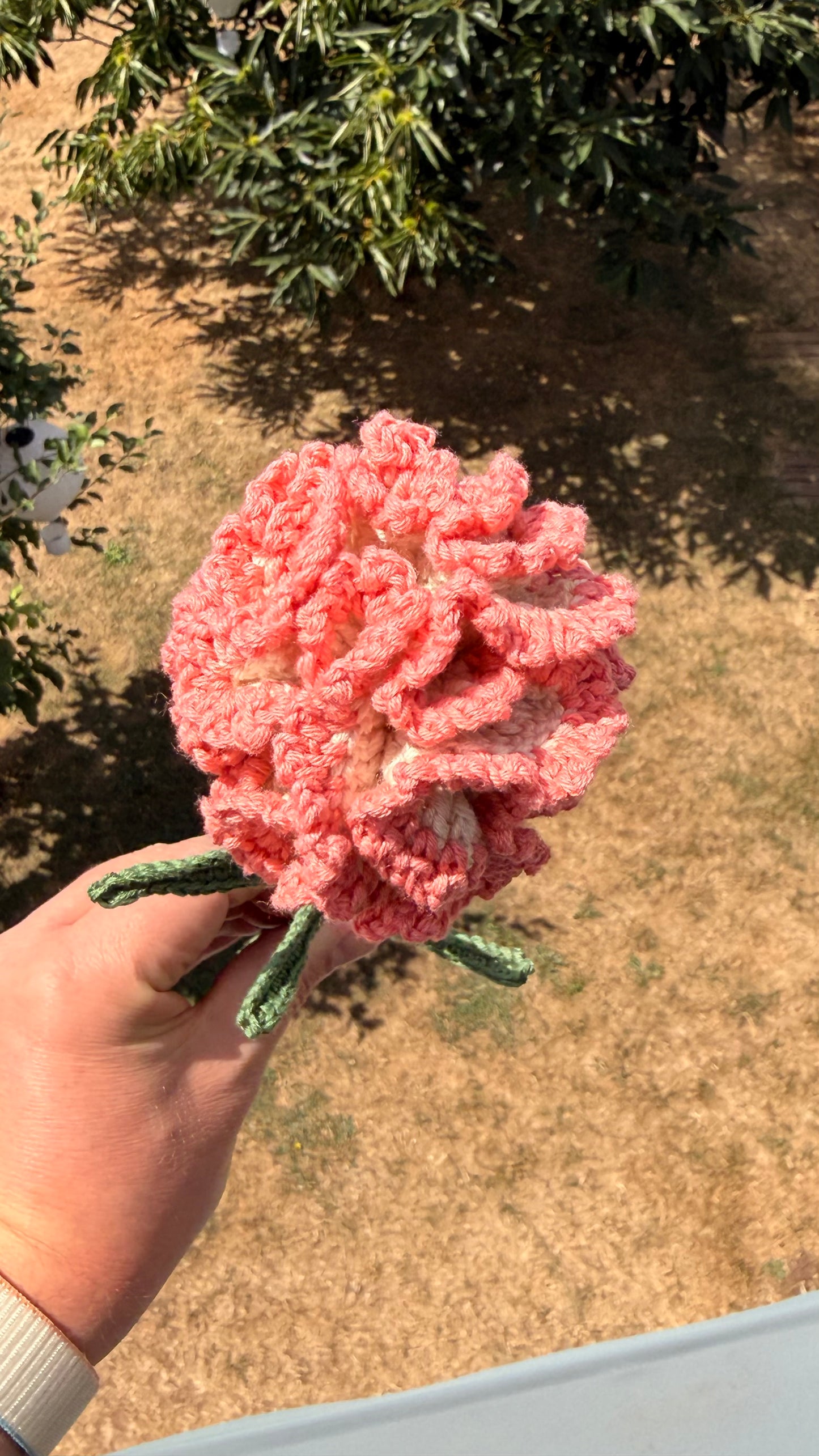 Zarte, handgehäkelte Nelke in apricot-weiß. Eine wunderschöne, haltbare Häkelblume für einen dauerhaften Blumenstrauß – jetzt bei Dein Krämerladen entdecken!