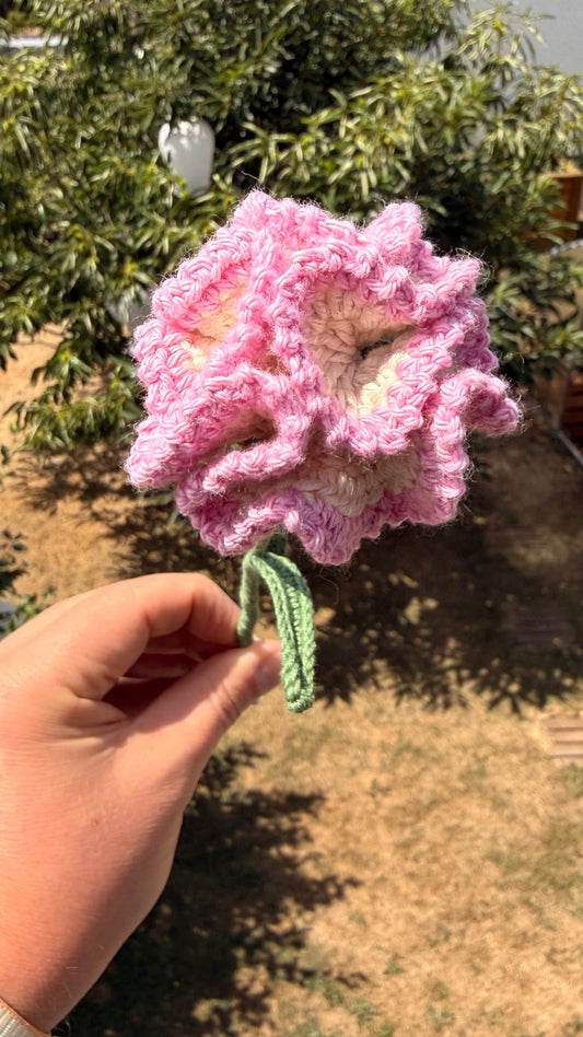 Handgehäkelte Nelke in zartem Rosa und Weiß mit mehrschichtigen Blütenblättern, grünem Stiel und mehreren Blättern, handgemachte Häkelblume aus Dein Krämerladen.