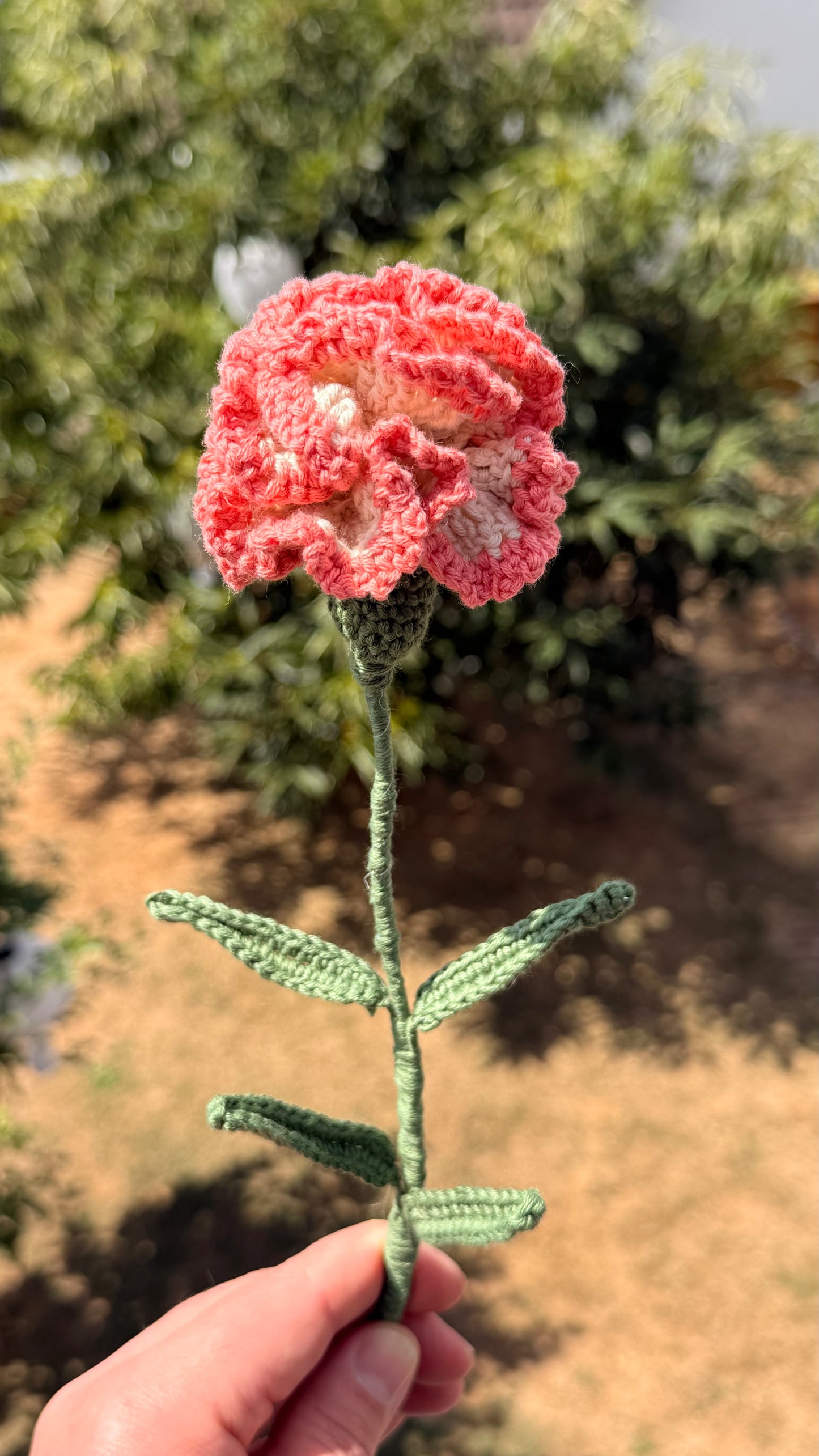 Zarte, handgehäkelte Nelke in apricot-weiß. Eine wunderschöne, haltbare Häkelblume für einen dauerhaften Blumenstrauß – jetzt bei Dein Krämerladen entdecken!