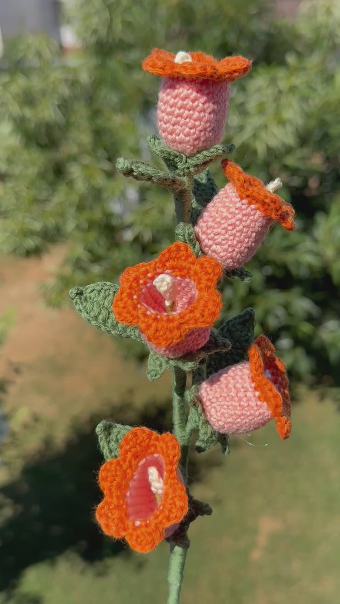 Handgehäkelte Glockenblume mit fünf Blüten, handgefertigtes botanisches Unikat von Edeltrud, langlebige Dekoration aus Baumwolle.
